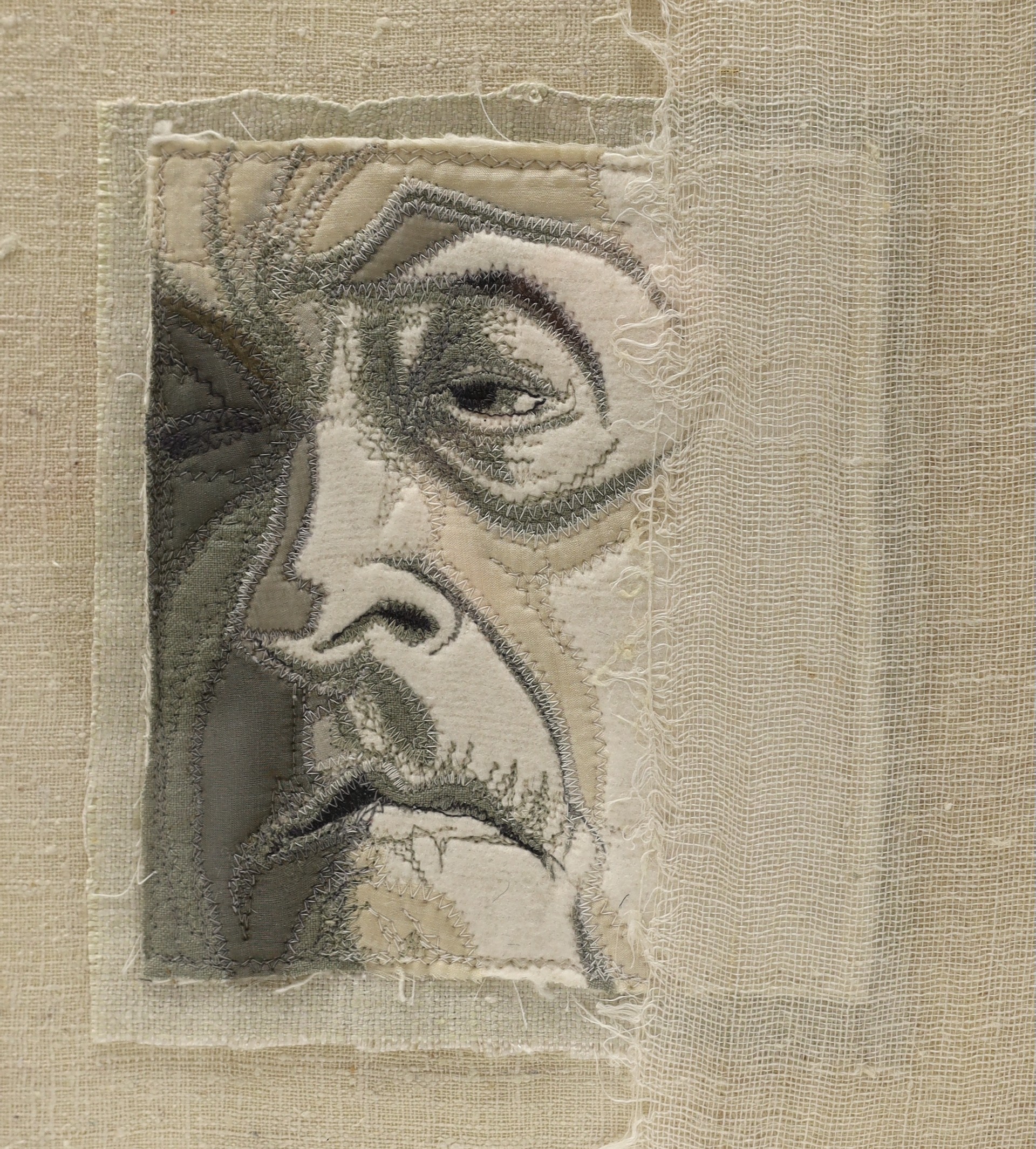 Deirdre Scherer (American), embroidery, morbid portrait, 1994 entitled Part One, 20cms high x 18cms wide